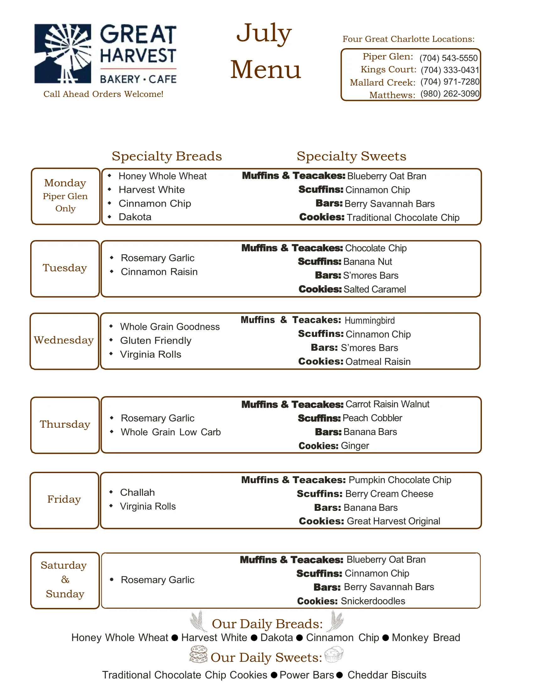 Great Harvest Charlotte July 2026 bakery menu