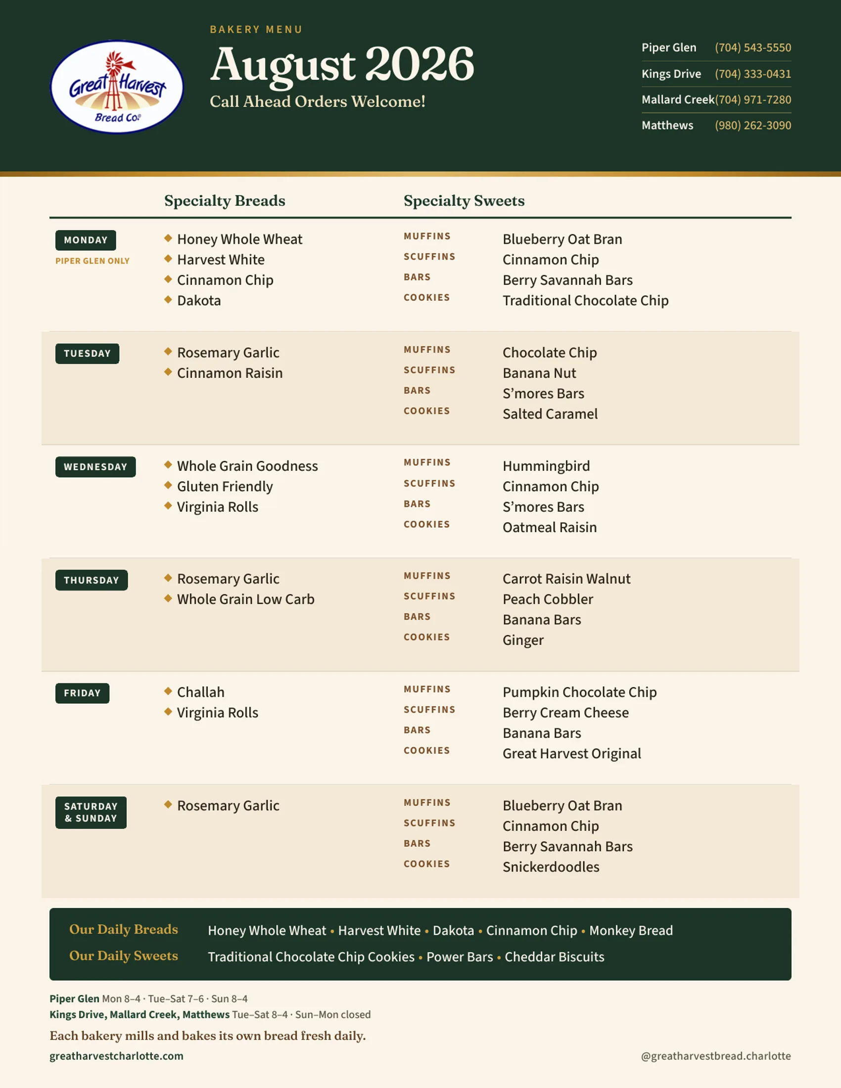 Great Harvest Charlotte August 2026 bakery menu